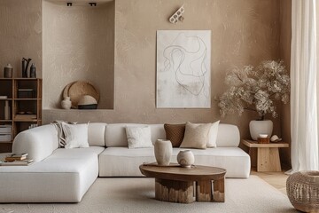 cozy neutral-toned living room with sectional sofa, wooden coffee table with decorative vases, abstract wall art, dried floral arrangement, and natural textured decor