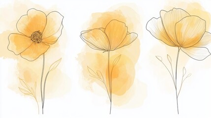 Abstract art vector flower line drawing with watercolor background
