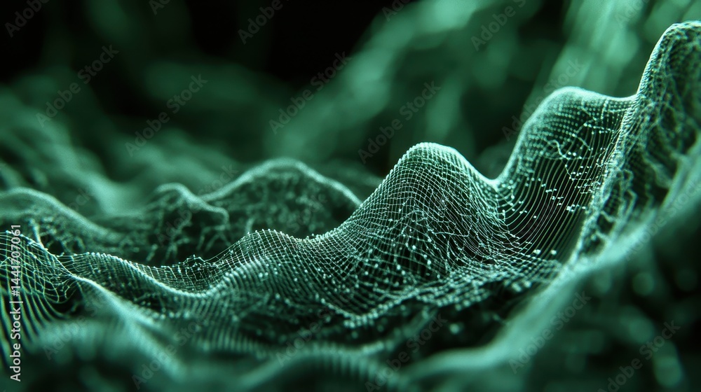 Poster abstract digital design of flowing green lines and points.