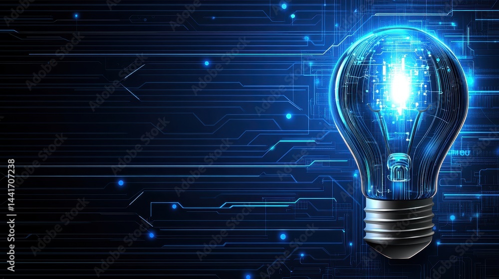 Poster digital lightbulb design on a circuit board background.