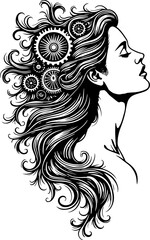 Fototapeta premium Steampunk Woman Profile Tattoo Vector Design with Mechanical Hair