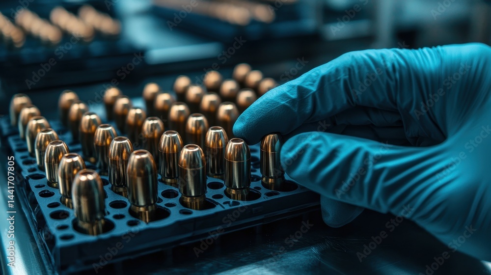 Poster precision manufacturing of bullets in a factory setting with focused hand placement and glove use