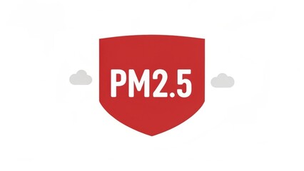 PM2.5 particles. Red shield icon featuring "PM2.5," indicating air quality and pollution levels.