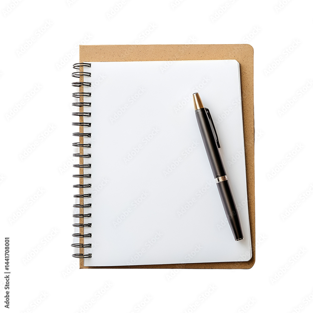 Poster notebook with pen on black background top view for productivity and education concepts