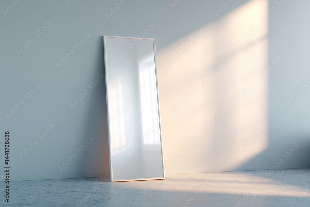 Poster solitary modern mirror stands in sparse room with soft lighting and neutral tones ample copy space e