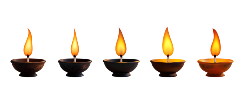 Pack of Burning Oil Lamps Against Transparent Background for Spiritual Branding, Vintage Promotion, or Religious Design Projects