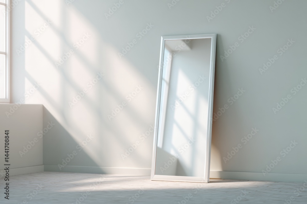 Poster solitary modern mirror stands in sparse room with soft lighting and neutral tones ample copy space e