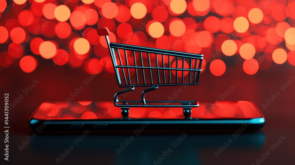 Poster shopping cart on smartphone with abstract red background and bokeh lights for e-commerce conceptual 