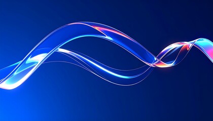 3d abstract liquid glass transparent ribbon wave line on dark blue background. Render gradient water tape, fluid flow curve shape with flare and light refraction on neon black bg.crystal, curve, effec