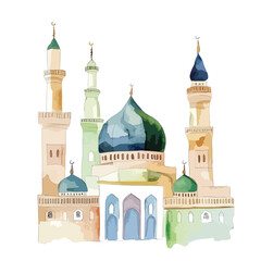 watercolor illustration of Al-Masjid an-Nabawi Mosque