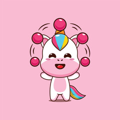 Cute unicorn cartoon vector illustration circus attraction with balls