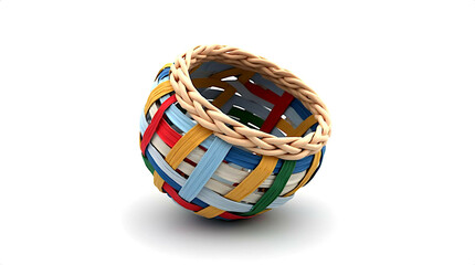 Isometric woven broken basket of multicolored stripes on white background.