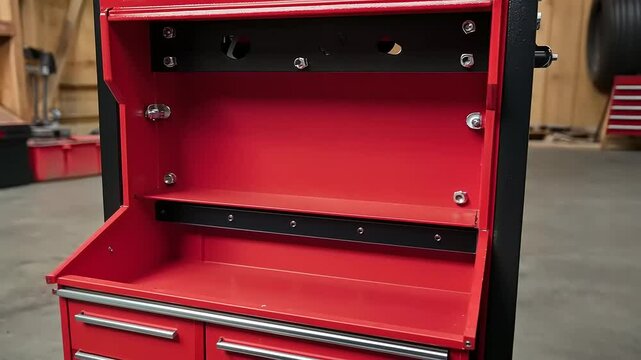 Inside View of a Red and Black Tool Storage Cabinet with Drawer Organization