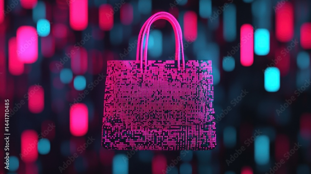 Aufkleber bright pink digital handbag floating in abstract neon background with colorful light patterns