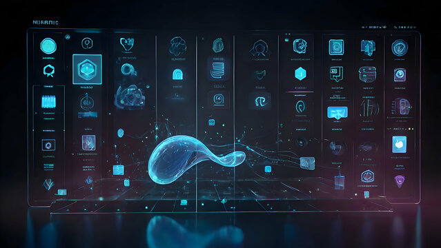 Futuristic Holographic Digital Interface with Glowing Neon Elements – Sci-Fi UI Tech Background