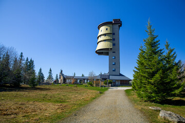 Polednik View Tower, Sumava (1315m). 37m ex-military tower near Prasily. 227 steps up for views: Bohemian/Bavarian Forest, and Alps in good visibility - Czech Republic, Europe
