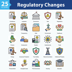 Regulatory Changes is a collection of icons in sheet format illustrating international regulations, industry compliance, and oversight across sectors like health, energy, and technology.	