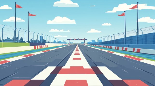 Race track, city backdrop, start line