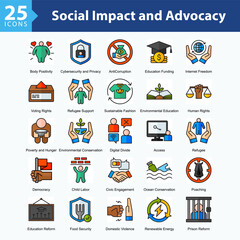 Social Impact & Advocacy is a collection of icons in sheet format illustrating global social issues, human rights movements, and sustainability campaigns supporting positive societal change.	