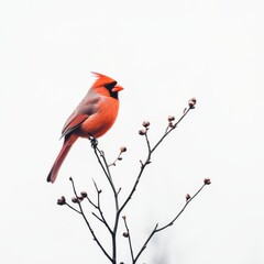 Vibrant Male Cardinal Perched on Bare Branch Against White Background