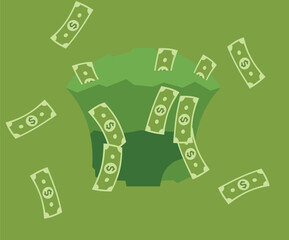 Flat design illustration of money bank notes falling from the top, symbolizing wealth, abundance, financial gain, and success in a bold and dynamic visual style.