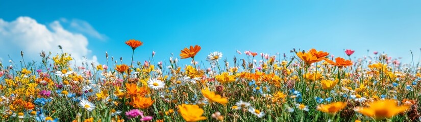 Colorful wildflowers in full bloom with vibrant petals against a clear blue sky, creating a joyful atmosphere for spring or summer events