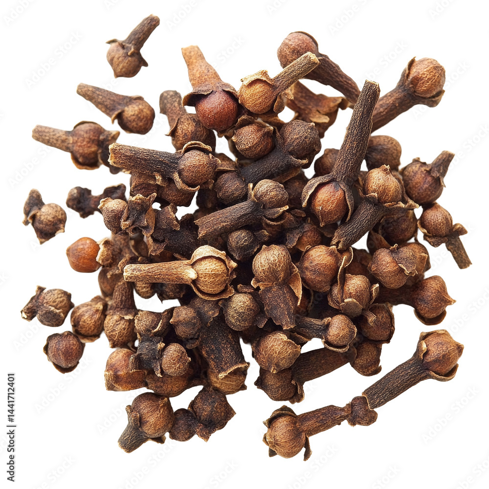 Poster dried spice cloves arranged on a clean transparent background showcasing their distinctive shape and
