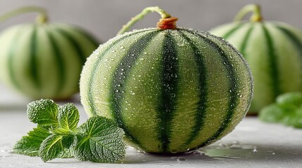 Fresh honeydew melons with mint leaves present a refreshing summer treat