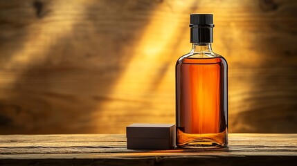 Naklejka premium Amber liquid in a bottle on a wooden surface