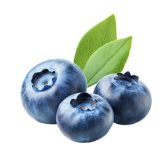 Obraz premium Fresh blueberries with green leaves isolated on a transparent background, ideal for healthy food and culinary presentations, Fresh blueberry with leaf isolated on transparent background