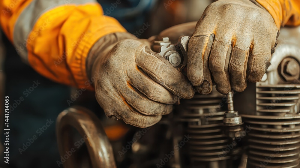 Poster skilled mechanic working on engine components with worn gloves in automotive workshop environment