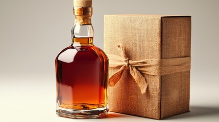 Amber liquid in a glass bottle, nestled beside a rustic gift box