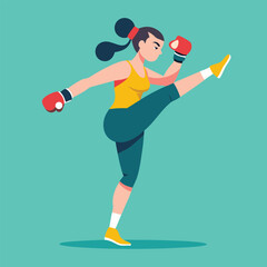 Woman boxing. Female fighter in boxing gloves practices kick, punching and hitting. Strong girl athlete at sports training or workout. Flat vector illustration isolated on background