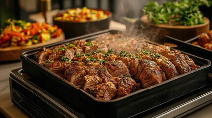 Sizzling Grilled Meat with Fresh Herbs and Colorful Side Dishes on a Modern Table Setting
