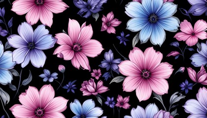 Floral Pattern with Pink and Blue Flowers on Black Background