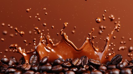 Fototapeta premium Splashing Chocolate and Coffee Beans on Brown Background Creating Dynamic and Delicious Visual Contrast