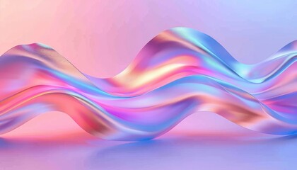 Smooth flowing abstract waves with satin-like texture in iridescent pastel colors of pink, blue, purple, and gold on a soft gradient background, evoking calm and fluid motion