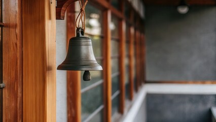 Obraz premium Muted Tones Style. Close-up of a muted school bell mounted on a wall.