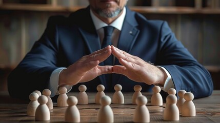 businessman in suit with hands forming protective gesture over a group of wooden human figurines on table conveying protection and care