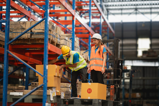 Warehouse Workers Organizing Packages in Distribution Center with Forklift and Storage Racks