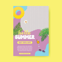 Editable print flyer or poster for summer sale, tropical summer beach pool party a4 size vertical poster design with tropical summer vector background, summer Holiday and tour poster or flyer