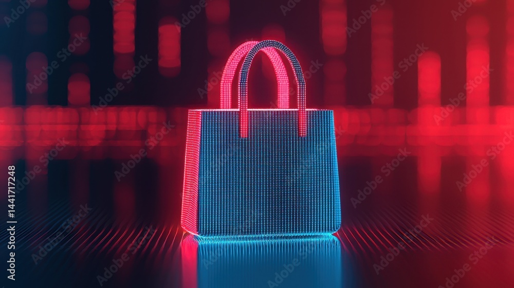 Poster neon shopping bag 3d render with glowing effects in digital style, modern abstract visual representa