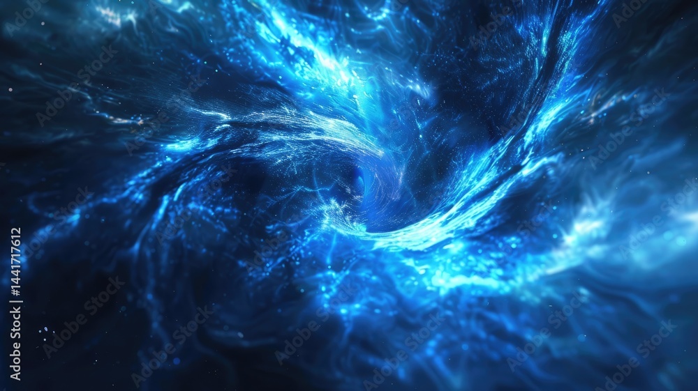 Poster abstract image beautiful blue light sparkling particles scattered across space background while swir