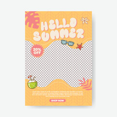 Editable print flyer or poster for summer sale, tropical summer beach pool party a4 size vertical poster design with tropical summer vector background, summer Holiday and tour poster or flyer