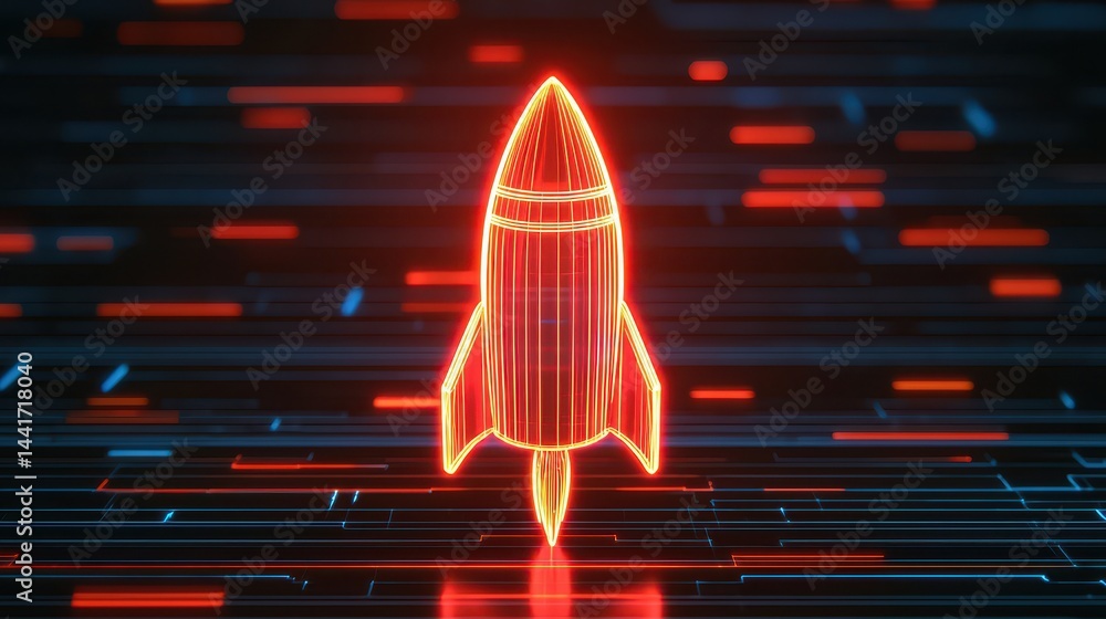 Poster futuristic rocket design on digital background with neon lights and colorful lines for technology co