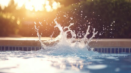 A refreshing splash of water from a pool as someone jumps in under the bright summer sun.