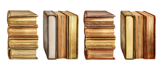 Naklejka premium Two small stacks of old, leather-bound hardcover books are shown side-by-side isolated on a transparent background for study.