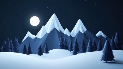 Obraz premium Night snowy mountainscape, moonlit scene, winter card