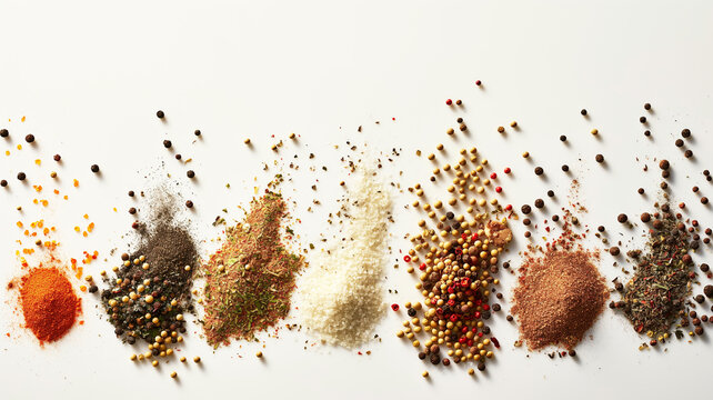 Minimal spice study: small heaps of colorful spices on a pale field