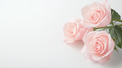 Pastel Pink Roses with Dew Drops on White Background pink roses rose petals dew drops water droplets